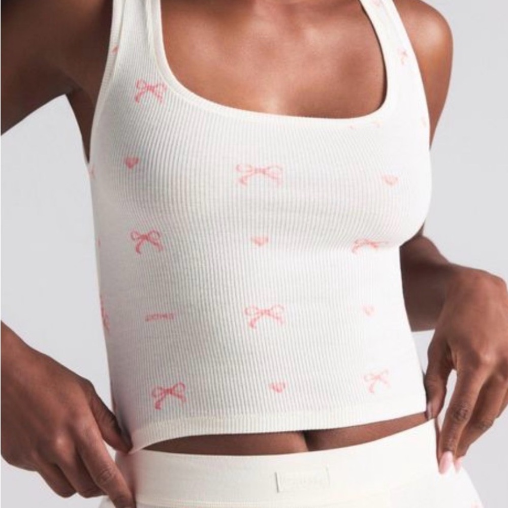 SKIMS Cotton Rib Tank Top Pink Bow Print XS NWOT